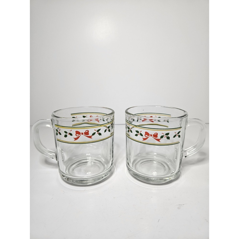 Vintage Libbey Christmas Glass Mugs Holly Berries Red Ribbon Gold Rim Set of 2